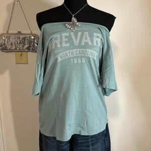 Blue and white off the shoulder Brevar, North Carolina shirt